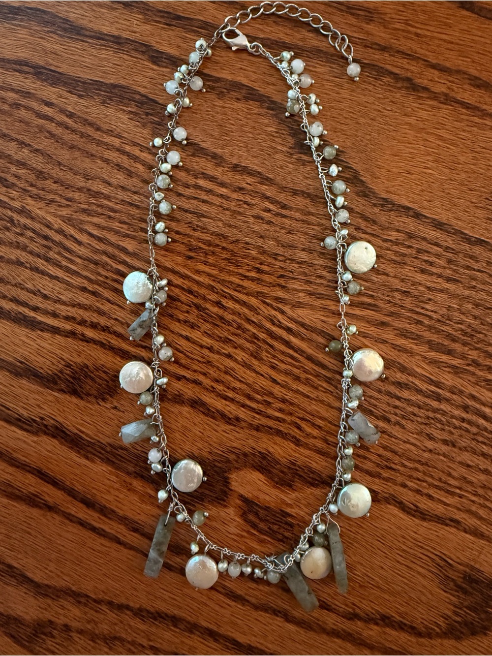 Silver-Tone Faux Pearl & Seafoam Green Stone Charm Necklace